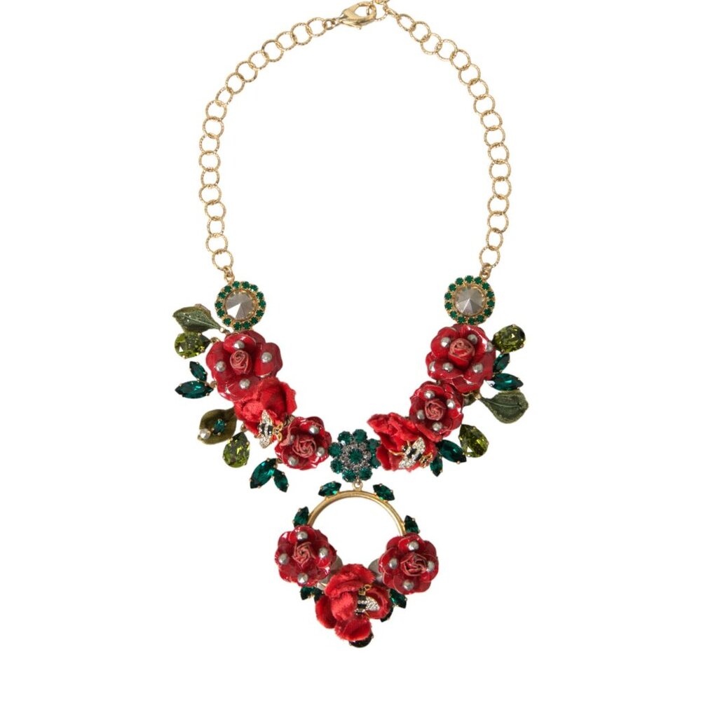 DOLCE & GABBANA Gold Brass Link Chain Rose Petal Crystal Pendant Necklace